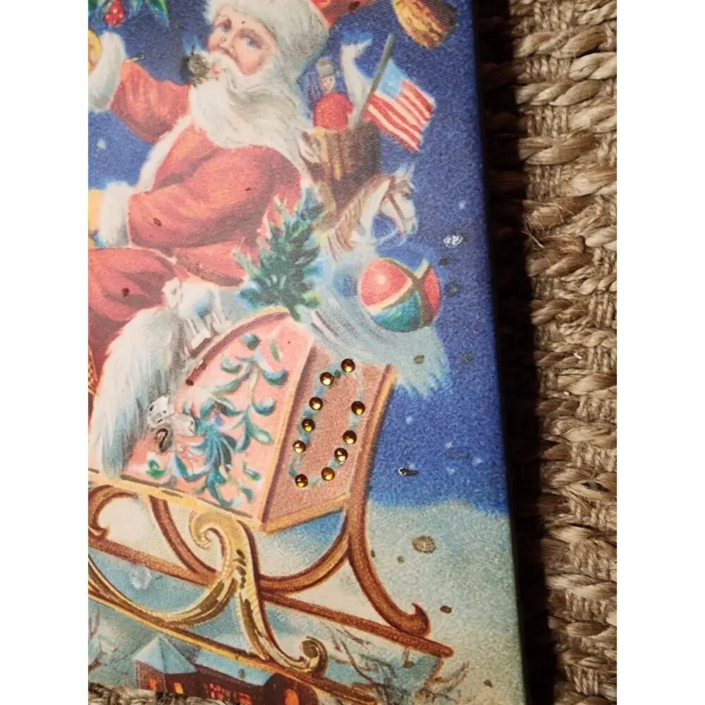 Vtg. Merry Christmas Wall Art Canvas Santa Claus Flying Reindeer Holiday Decor